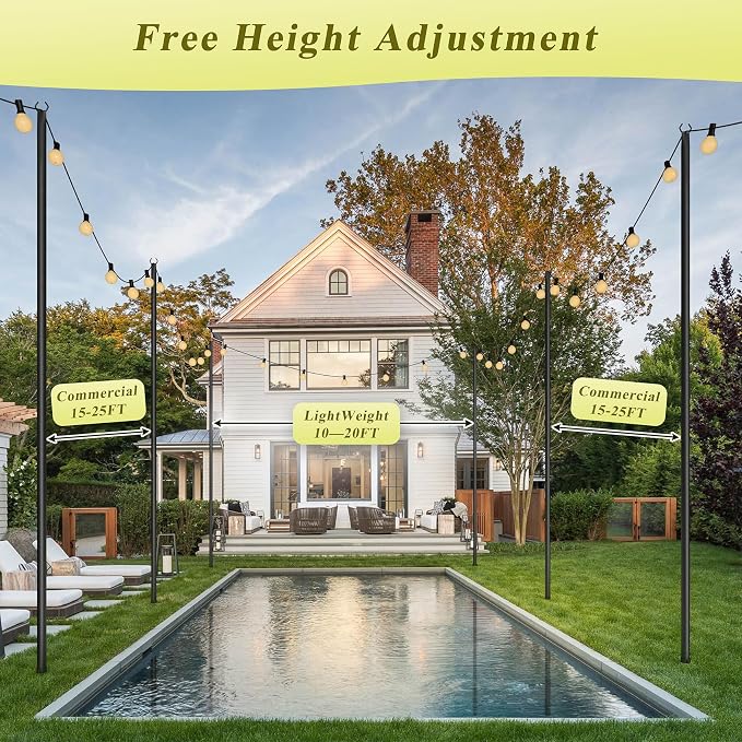 6 Pack String Light Poles for Outside, 10Ft Adjustable Outdoor Light Poles for String Lights, Outdoor Lighting Stand with Fork for Patio, Deck, Backyard, Garden, Party & Wedding