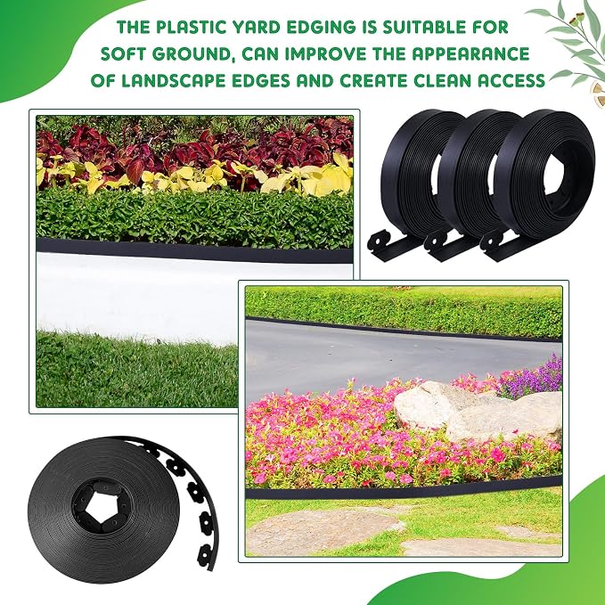 Queekay 120 Ft x 4 Inch Garden Edging Border with 108 Spikes, Plastic Flexible Landscape Edging, Heavy Duty Garden Barrier Edge for Flower Beds Yard Lawn Pathway Paver