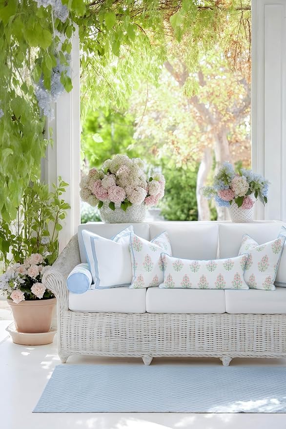 Hofdeco Premium Coastal Grandmillennial Patio Indoor Outdoor Lumbar Pillow Cover Only, 12"x26" Water Repellent for Backyard, Couch, Poolside, Pink Green Print Flower