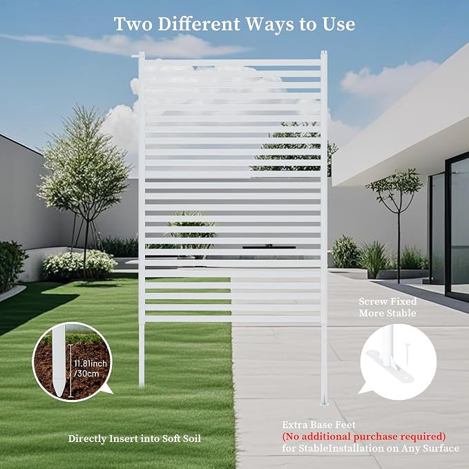 Outdoor Privacy Screen with Stand, Rustproof Metal Fence Panel, 47.24’’ x 71’’ PE-Coated Steel Slats, Decorative Privacy Fence for Patio, Garden, Backyard, Trash Can, White(1 Panel)