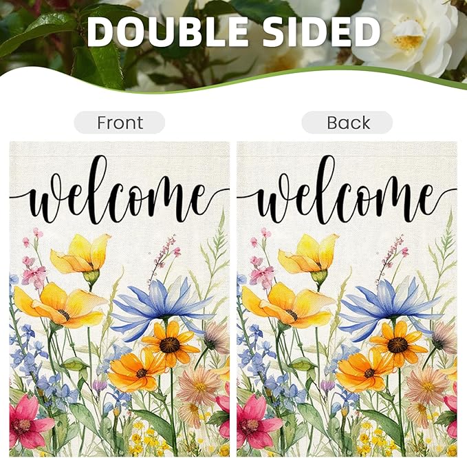 Welcome Summer Flowers Garden Flags for Outside, Watercolor Floral Yard Decoration, Small Seasonal Spring Outdoor Decor for Farmhouse Holiday,12x18 Inch Double Sided