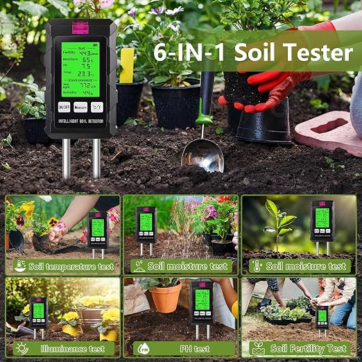 Soil Test Kit, 6-in-1 Soil Moisture, PH, Fertility Meter with Digital Soil Temp, Air Temp and Humidity, Dual Screen Tester for Plants, Lawn, Farm, Indoor and Outdoor(2*AAA Battery Needed)