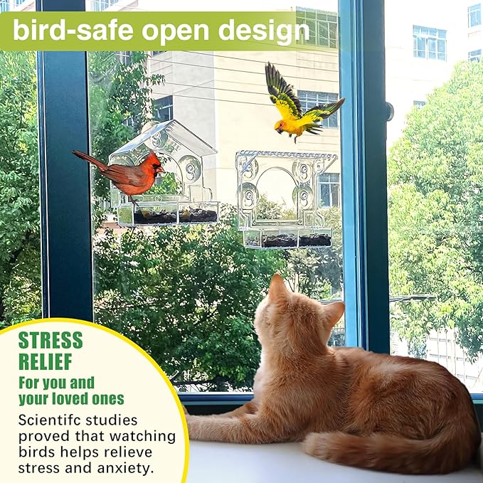 2PCS Window Bird Feeder with 4 Extra Strong Suction Cups, Clear Birdfeeders Bird House for Outdoors Window Viewing Outside, Removable Tray Birdhouse