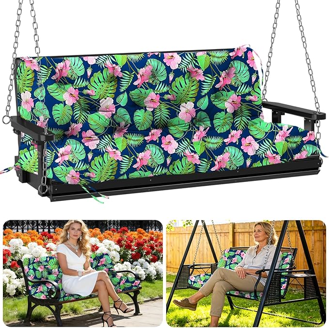 Porch Swing Cushions Outdoor 40 inch x 40 Waterproof Swing Cushions 3 Seater Replacement with Backrest & 8 Ties 5" Thick Bench Swing Cushions for Outdoor Furniture Patio(Tropical Flowers)