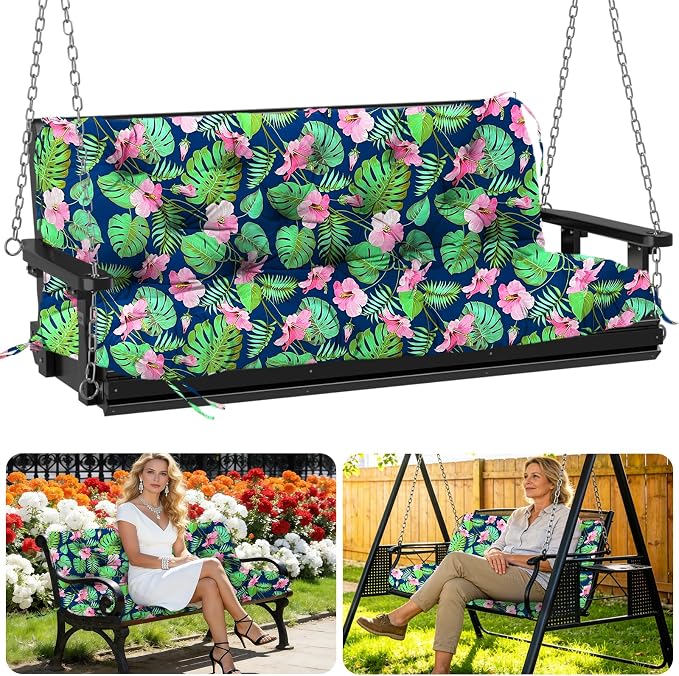 Porch Swing Cushions Outdoor 48 inch x 40 Waterproof Swing Cushions 3 Seater Replacement with Backrest & 8 Ties 5" Thick Bench Swing Cushions for Outdoor Furniture Patio(Tropical Flowers)