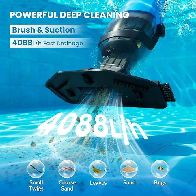 Handheld Pool Vacuum for Above Ground Pool, Cordless Pool Vacuum w/ 4-Section Pole, Pool Cleaner w/ 18 GPM & 90 Min, Ideal for Leaves Dirt Sand, Hot Tubs Spas Above Ground Pools Inground Pools, Blue