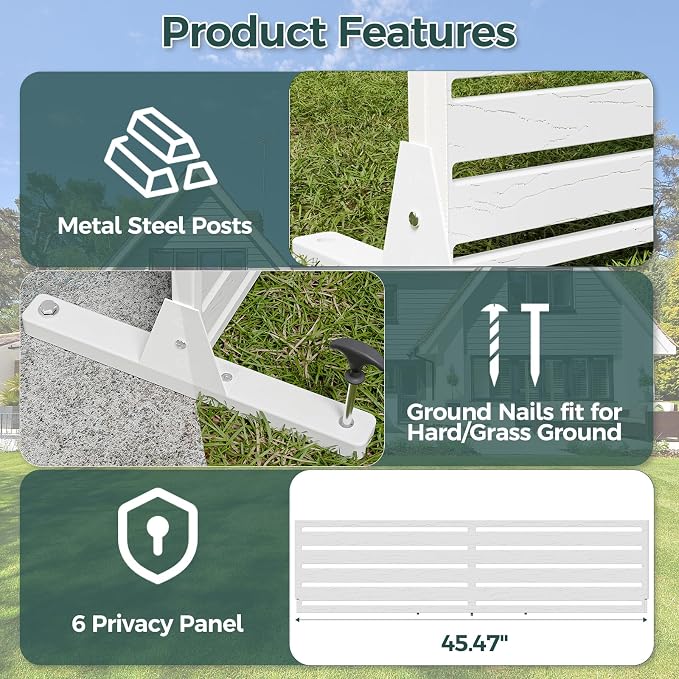 Privacy Screen Outdoor 72" Freestanding Privacy Panel with Stand, HDPE Decorative Privacy Fence with Louver Pattern, Patio Divider Screen, Privacy Screens for Outside, Balcony, White