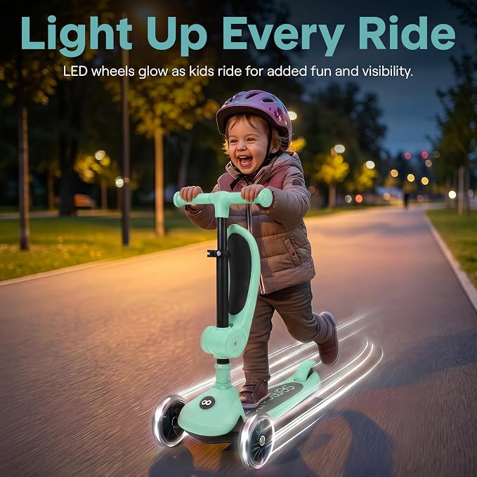 SereneLife 3 Wheel Scooter for Toddlers & Kids, Foldable Seat, LED Wheels, Adjustable Handlebar, Anti-Slip Deck, Rear Foot Brake, Lean-to-Steer, Kid Scooter, Supports up to 110 lbs (Mint Green)