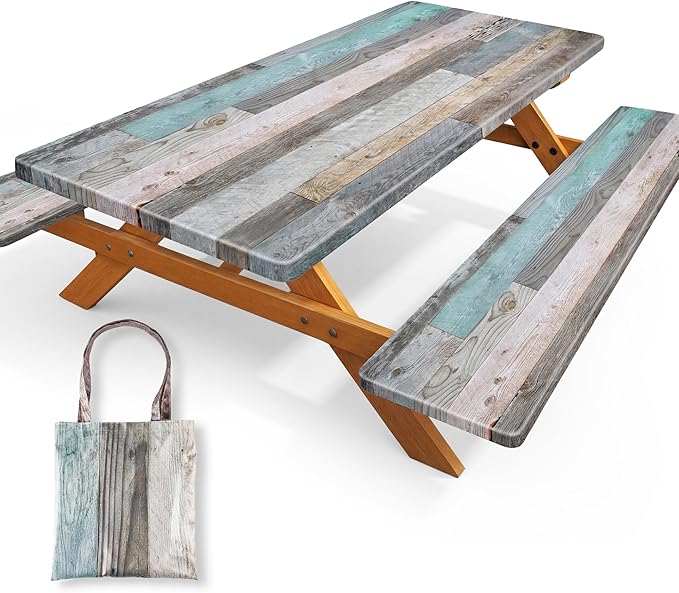 Picnic Table Cover with Bench Covers 6FT Farmhouse Waterproof Windproof Fitted Outdoor Wood Tablecloth with Elastic Rectangle Table Cloth Camping Essentials (Green)