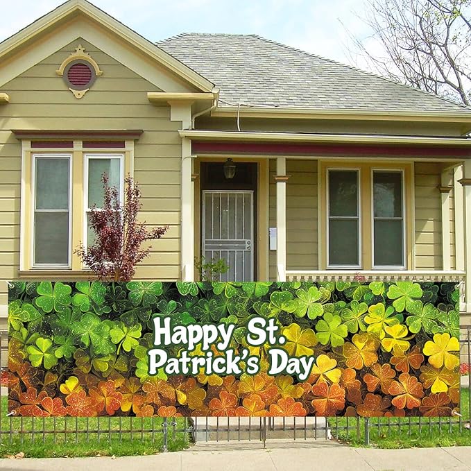 Happy St. Patrick’s Day Fence Banner 118 x 35 Inch, Large Waterproof Outdoor Shamrock Clover Banner for Yard Porch Fence Irish Party Decorations