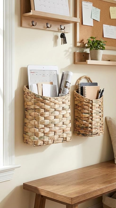 AceList Woven Hanging Basket for Front Door Set of 2, Built-in Iron Frame Handmade Water Hyacinth Wall Mounted Organizer, Natural Wicker Storage for Mail Flowers, Boho Farmhouse Decor for Home