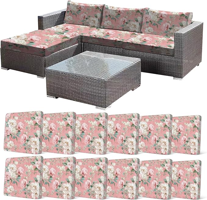 CALBODE 12 Pcs Stretch Outdoor Seat Cushion Covers, Washable Chair Seat Cover for Patio Furniture Cushions Soft Indoor and Outdoor Couch Cover Replacement (Pink Blooming, Cover Only)