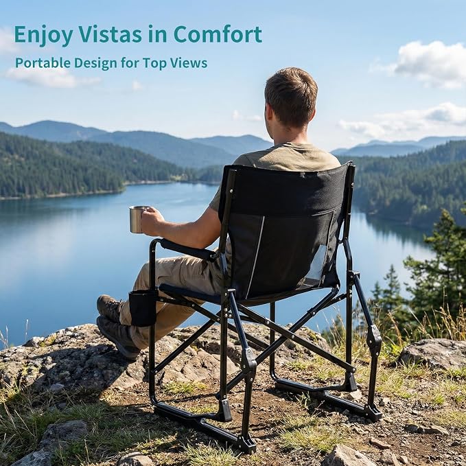 OLIXIS Outdoor Folding Rocking Chair for Adults, Portable Camping Lawn Chair with Mesh Back, Waterproof Armrests & Sturdy Frame, Foldable Seat for Patio, Beach, Camping, Black