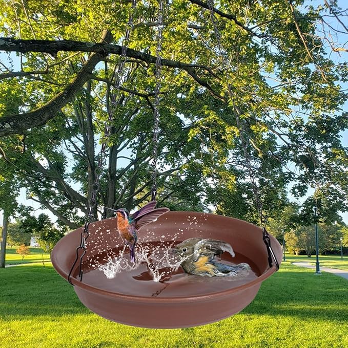 VUWEZ Hanging Bird Bath, Hanging Bird Water Feeder for Outdoors, Feeder Bowl, 1 Pack Birdbath Tray Accessories for Outside, Plastic Birdbaths Tray for Garden Patio Decoration (8", Chocolate)