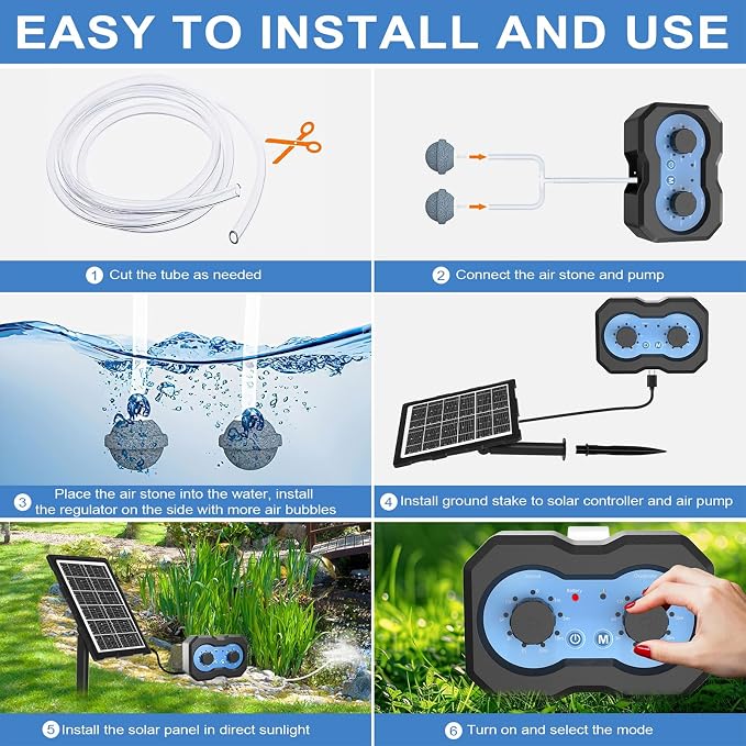 Solar Oxygen Pump for Pond, Solar Air Pump with Timer, Pond Aerator, Bubble Adjuster, 2 Modes for Small Fish Tank Hydroponics