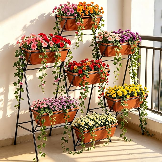 Raised Garden Bed Outdoor Indoor Elevated Tiered Standing Planter Box with Legs Vertical Plastic 7 Planter Boxes Herbs Flowers Vegetables for Backyard Patio Balcony, Red
