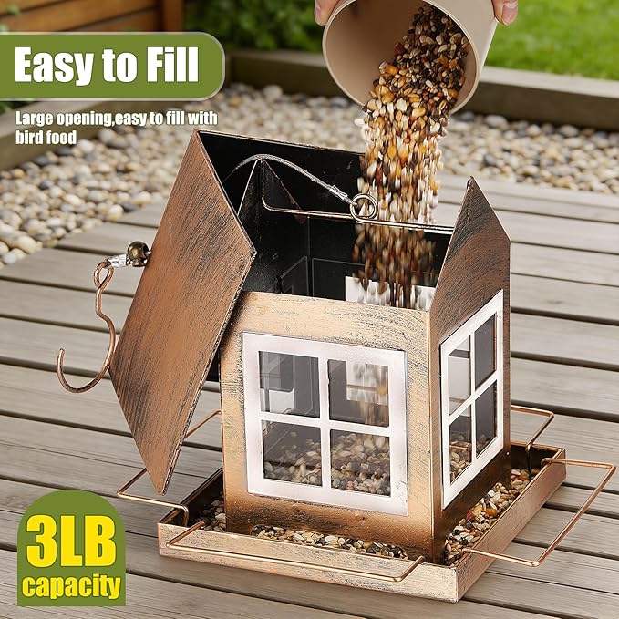 Bird Feeders, Heavy Duty Metal Bird Feeder for Outdoors Hanging, Weatherproof Large Capacity Wild Birdfeeder for Outside Garden Yard, Country House Shape