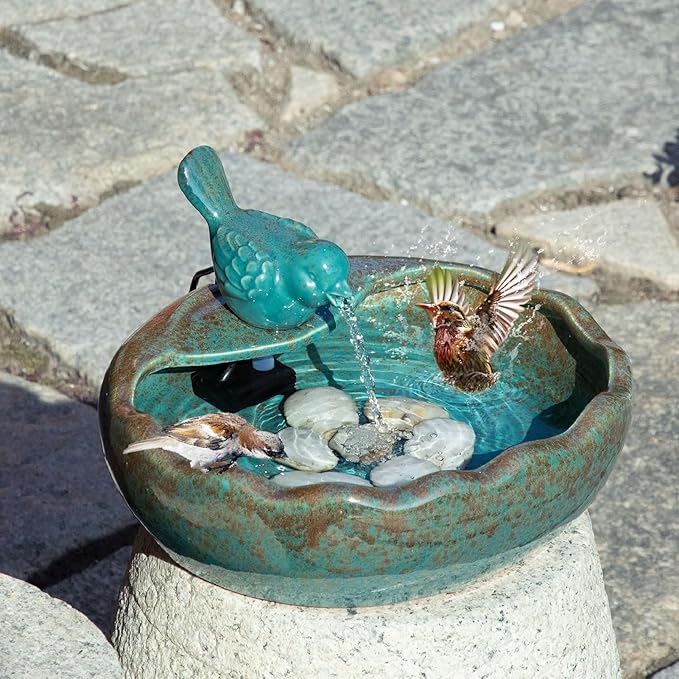 Ceramic Solar Fountain Bird Bath with Battery Backup,Bird Bath for Outside,Bird Bath Bowl for Garden, Patio & Yard Decor,Working at Night for at Least 6 Hours (Bird).