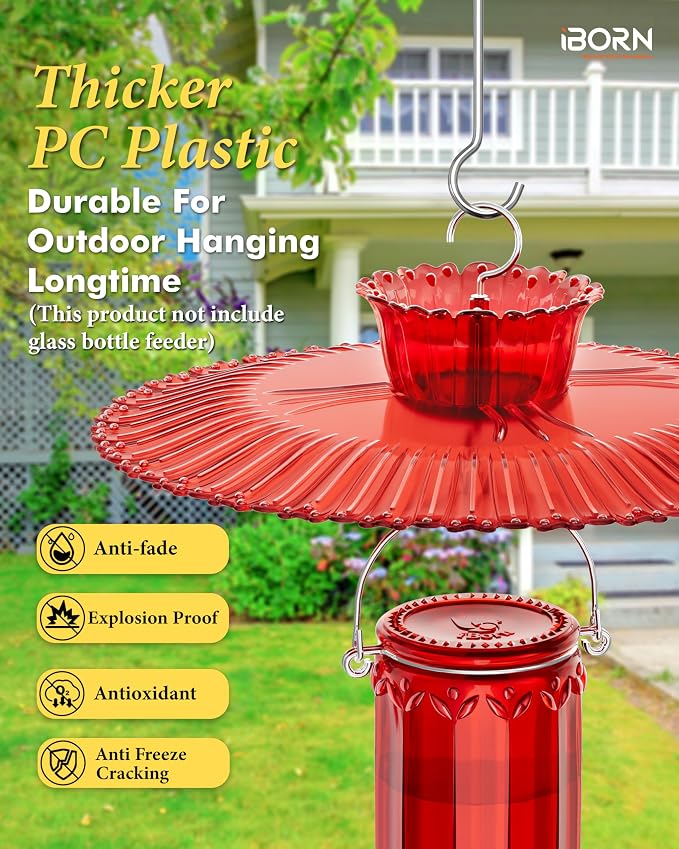iBorn Hummingbird Feeders Sun Baffle,10.6inch, Red+ Hummingbird Feeders, 8 Ports,Yellow Flowers Red Glass, Pack of 1