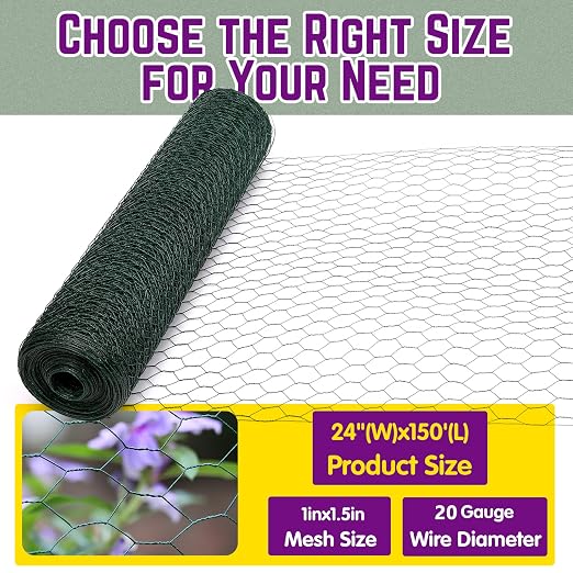 24in×150ft Chicken Wire Roll Hexagonal Netting Galvanized PVC Coated 1in Mesh Garden Poultry Fencing Barrier Animal Plants Hardware Cloth Crafts for/Rabbit/Floral/Chicken Coop/DIY Projects