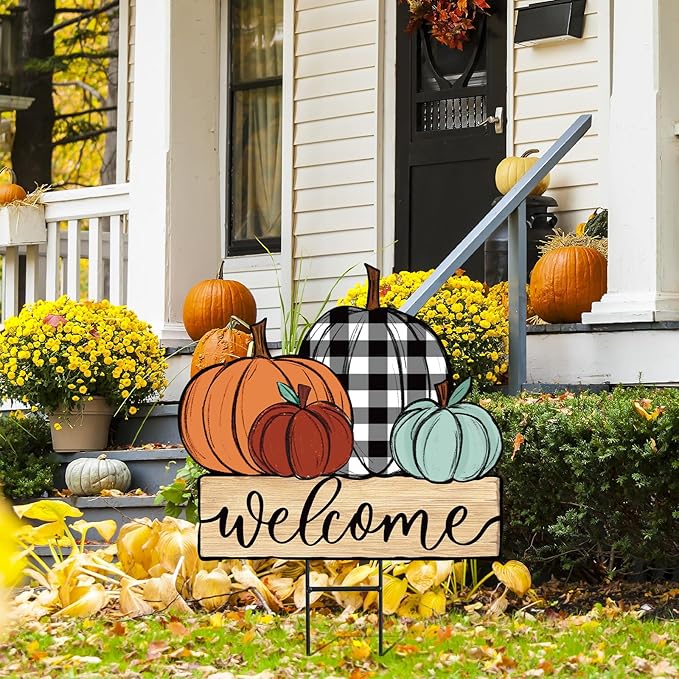 JarThenaAMCS Fall Pumpkin Metal Garden Stakes Farmhouse Rustic Pumpkin Decorative Lawn Sign Autumn Harvest Welcome Yard Sign for Thanksgiving Home Outside Lawn Porch Decor