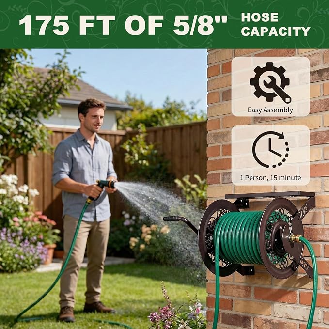 Outvita Wall Mounted Garden Hose Reel, Holds 175 ft 5/8-inch Hose, Manual Water Hose Holder Winder, Decorative Heavy-Duty, Space Saving, Easy Assmbly, for Yard Lawn Garage Backyards (Brown)