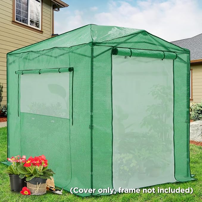 EAGLE PEAK Replacement Cover for 8x6 Portable Pop up Greenhouse, Dual Roll-up Zipper PE Door & Upgraded Screen Mesh Door and 2 Roll-Up Side Windows (Frame Not Included), Green