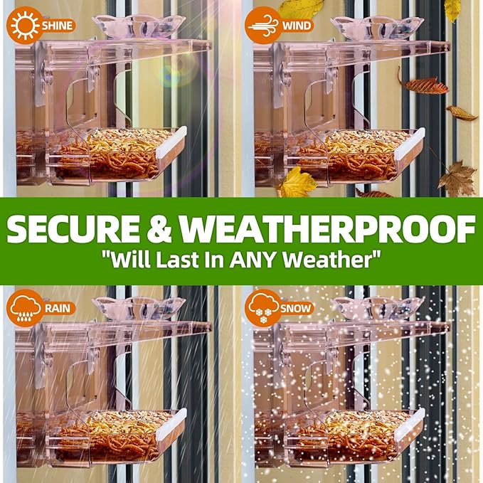 WENMIXER Window Bird Feeder with Non-Marking Self-Adhesive Hooks, Clear and Transparent, Outdoor Wild Bird Watching Gift, Garden Decor (Red)