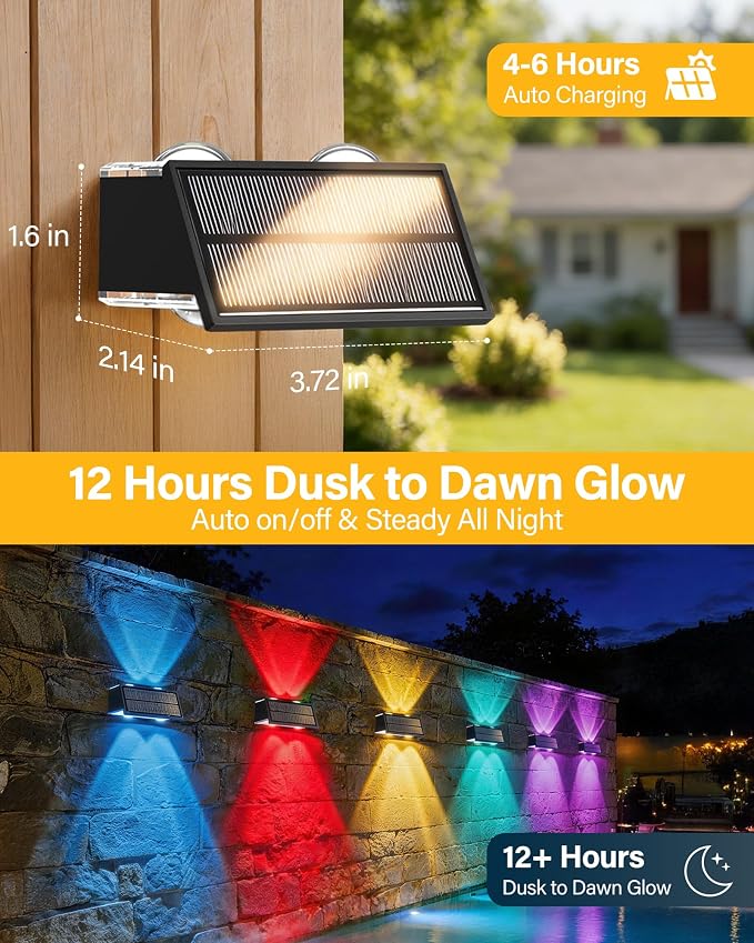 Solar Fence Lights Outdoor, 100LM Fence Lights Solar Powered Waterproof, 9 Color Modes, Up & Down LED Focused Beam, 12H Dusk to Dawn Glow for Pool/Patio/Wall/Backyard - 2 Pack, Black