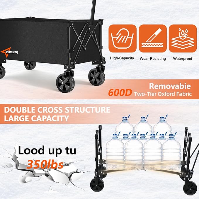 CUMNTQ Wagons Carts Foldable, 350lbs Weight Capacity Collapsible Wagon with All-Terrain Wheels, Grocery Cart on Wheels for Shopping Camping Garden Sports Beach Black