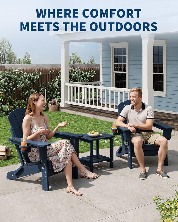 GarveeLife Folding Adirondack Chair, All-Weather HDPE Outdoor Chair, Wooden Textured with Cup Holder for patios, Decks, Gardens, fire pits, Navy Blue
