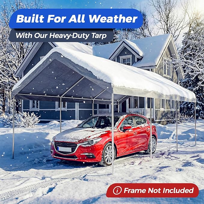 10x20 FT Carport Canopy Replacement Cover, Heavy Duty Car Garage Top Tent Shelter Tarp, Waterproof & UV Protected, Easy Installation with Ball Bungees, Gray (Frame Not Included)