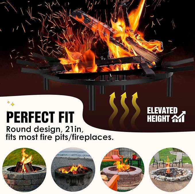 24" Round Fire Pit Grate - 8-Leg Design with 12 Bars, Reinforced Rim & High-Temp Powder Coat for Ultimate Stability & Safety - Ideal for Fireplace, Hearth, Wood Stove and Outdoor Campfire