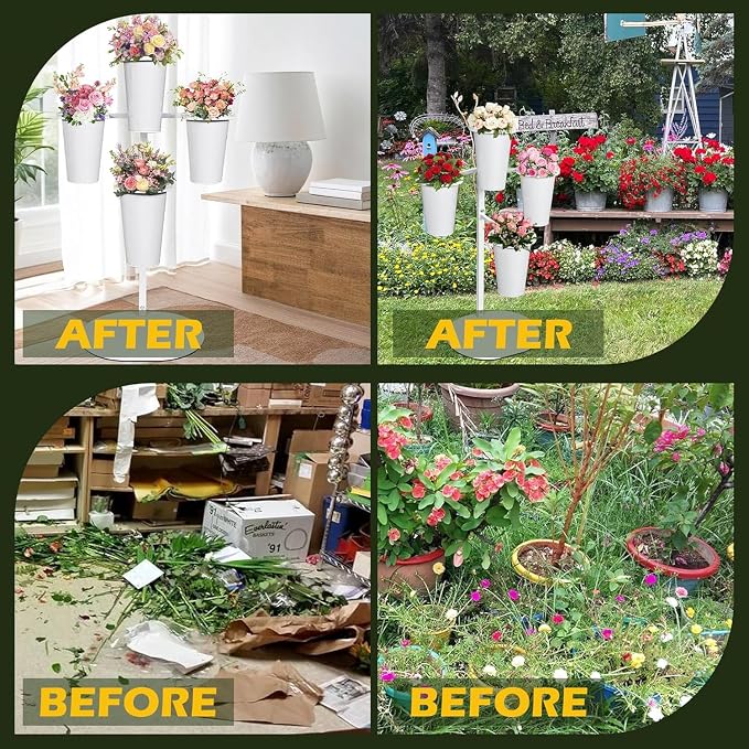 PROLEE Flower Display Stand with 4 Round Buckets, Flower Display Stand, Flower Stand Metal, Florist Bouquet Shelf for Wedding, Party, Events, Oval Base, White