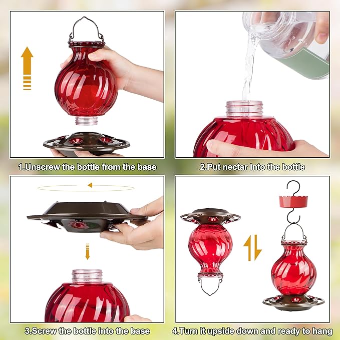 Hummingbird Feeder, Auslar 26 Ounces Glass Hummingbird Feeders for Outdoors Hanging Ant and Bee Proof, Ant Moat & 5 Flower Feeding Ports, Rustproof, Leakproof, Netted Flower Bud Shape Bottle, Red