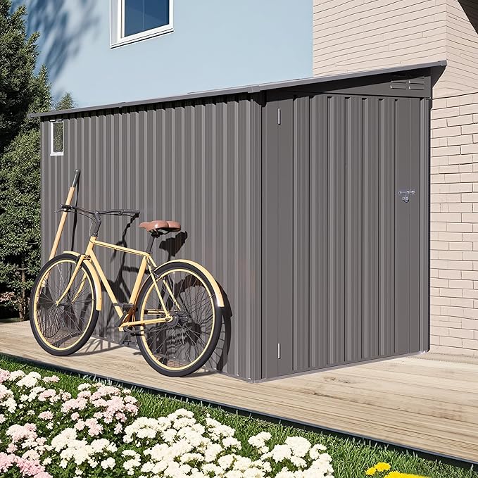 YOPTO 4x9 FT Outdoor Storage Shed,Lean to Metal Shed W/Window,All Weather Waterproof Garden Storage Shed W/ 6 Air Vents & 1 Lockable Door,Weatherproof Tool House W/Sloped Roof,for Lawn,Gray