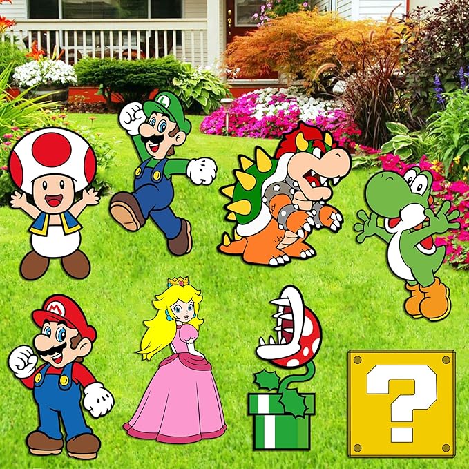 Mario Birthday Party Supplies, 8PCS Yard Signs with Stakes, Outdoor Lawn Party Decor, Mario Birthday Party Decorations, Yard Signs for Super Mario Theme Birthday Party
