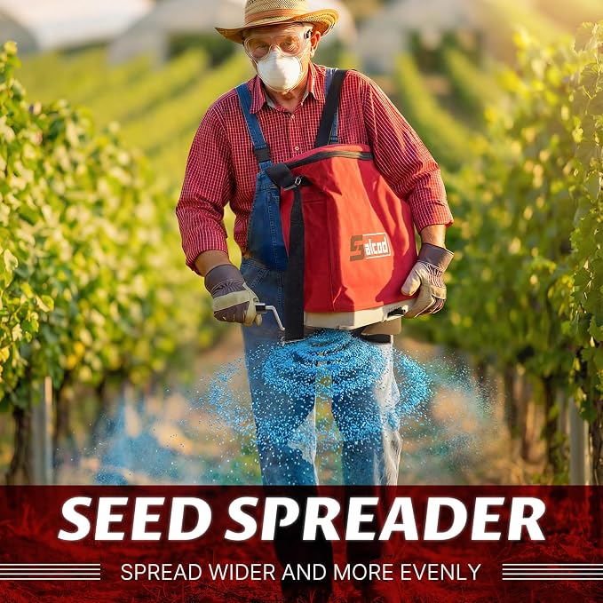 Salcod 25LB Bag Seed Spreader for Lawn, Adjustable Handheld Fertilizer Spreader with Shoulder Strap, Broadcast Grass Seed Spreader for Lawn Care, Garden Seeding, Yard Fertilizing