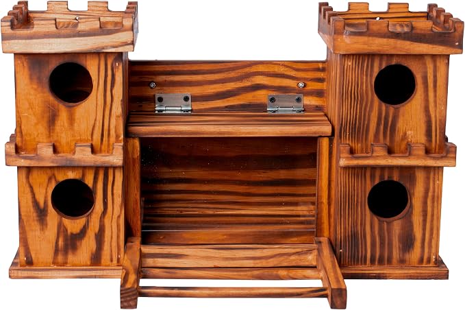 MIXUMON Castle-Style 4 Room Wooden Birdhouse with Large Center Feeder, Outdoor Multi-Room Bird House for Garden & Backyard, 1.57" Entrance Hole, Easy-Clean Access Doors, Twin Tower Decorative Design