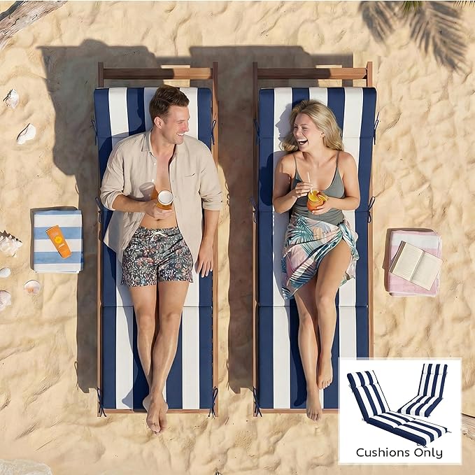Outsunny Outdoor Chaise Lounge Cushions Set of 2, Chaise Lounge Cushions with 6 Ties, High-Density Foam, 72 x 21.1 x 2.6 Inch Water-Repellent and UV-Resistant for Patio, Poolside, Dark Blue and White
