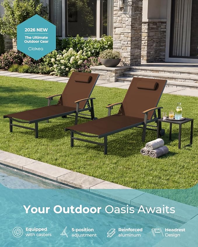 Ciokea Outdoor Lounge Chair with Pillow, 5-Position Aluminum Chaise Lounge with Wheels & Armrests, 400 lbs Heavy Duty Patio Pool Chair for Deck, Backyard, Beach & Poolside, Brown