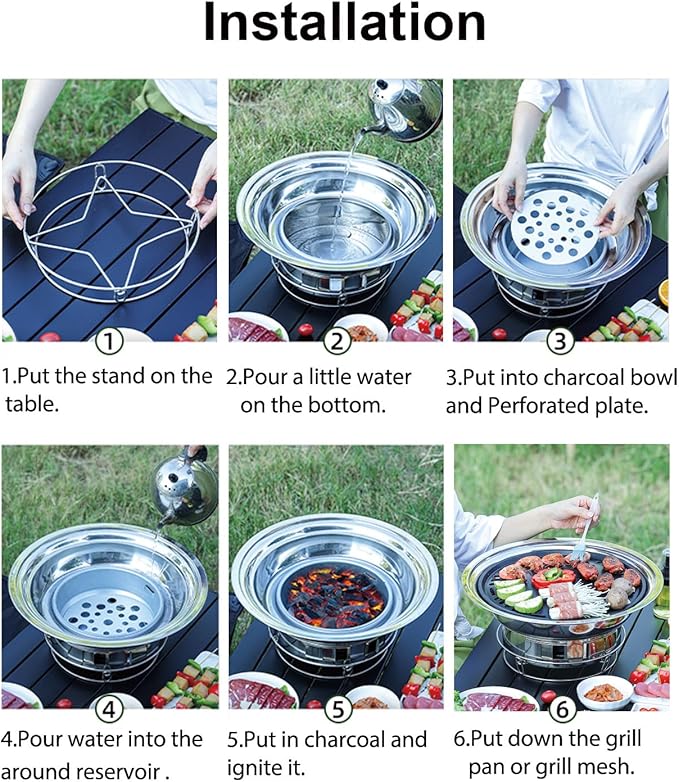 Korean BBQ Grill Charcoal, Small Charcoal Grill 13.7 Inches Portable Grill Stainless Steel Barbecue Grill Tabletop kbbq grill Outdoor Indoor Camping