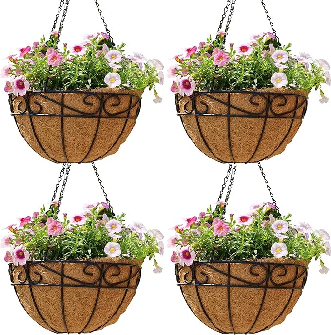 14 Inch Hanging Planters (4 Pack) - Round Metal Baskets with Cocoa Liners for Indoor/Outdoor Gardens, Porch & Patio Decor（HB）