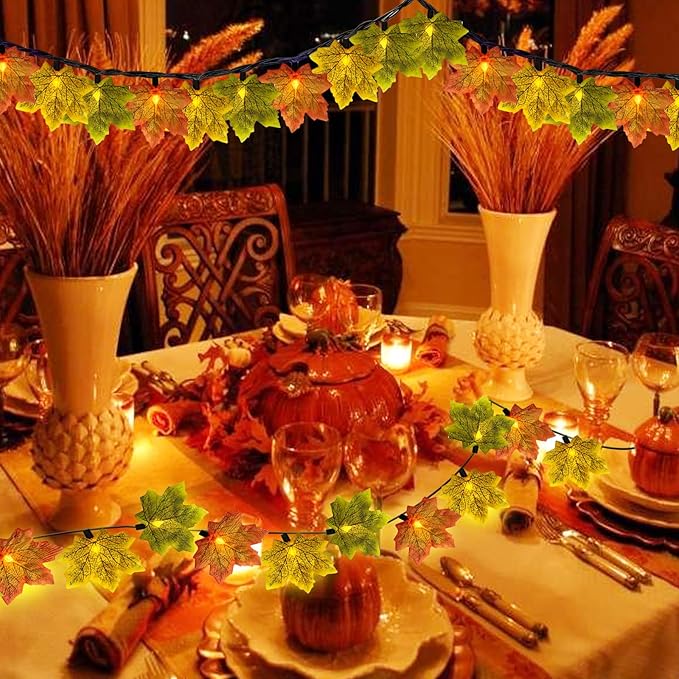 GOOTHY Fall Decor Multicolored Maple Leaf String Lights, 13.6Ft LED Thanksgiving Decorations Lights Plug in with 35 Maple Leaves Light for Indoor Outdoor Halloween Fall Party Home Garland