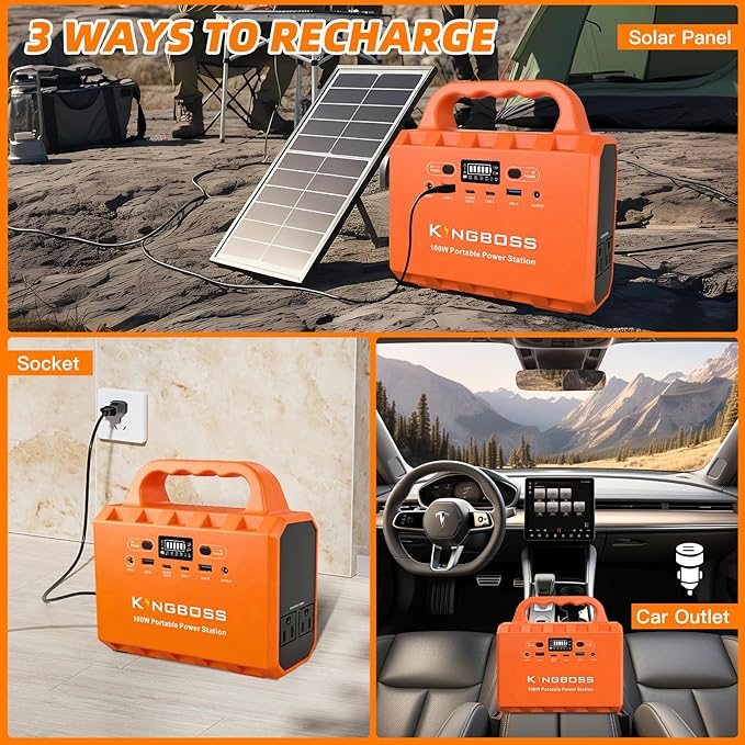 KINGBOSS 100W Portable Power Station, 96Wh LiFePO4 Battery Small Generator Ultra-Light, 65W Fast Charging 3000+ Cycles Solar Power Bank AC/DC/USB-C/A Outputs for Camping Home Backup Outdoor