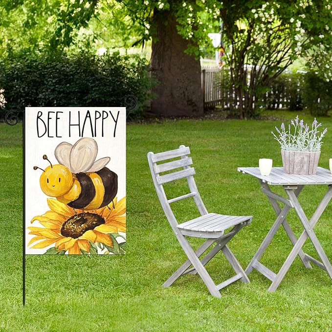 BEE HAPPY Garden Flags for Outside, Summer Watercolor Bee with Sunflower Yard Decoration, Small Seasonal Outdoor Decor for Farmhouse Holiday,12x18 Inch Double Sided
