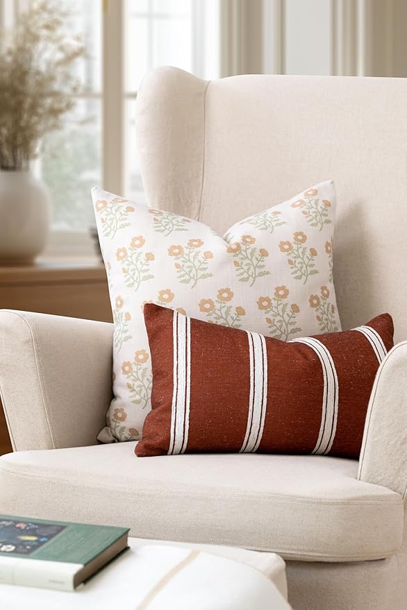Crumbs Home Modern Farmhouse California Casual Indoor Outdoor Throw Pillow Cover, 20"x20" Water Repellent for Patio, Backyard, Couch, Poolside, Ivory Cream Tan Green Print Block Painting Flowers