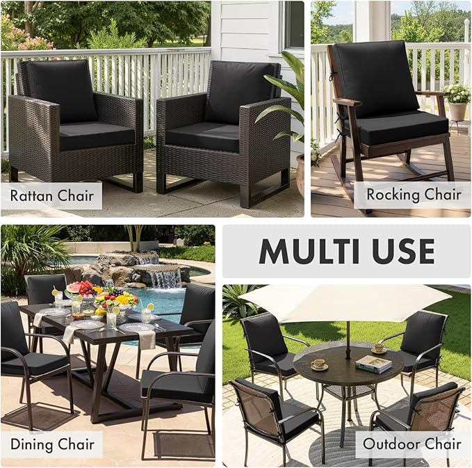 MIULEE Black Outdoor Dining Cushion 20x20 Inch Waterproof & 3 Year Color Fastness Deep Seat and Back Cushion for Patio Furniture Chair with Ties