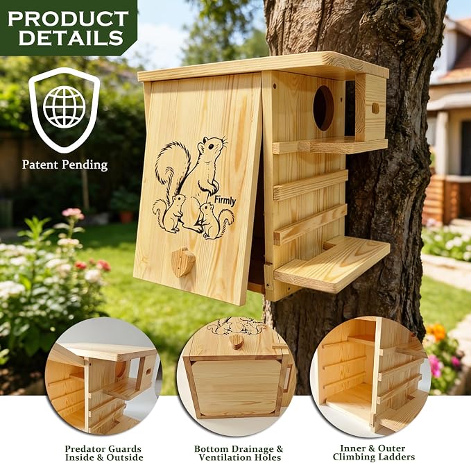 Extra Large Outdoor Squirrel House, Wooden Nesting Box | 0.7-inch pine with weather-resistant finish, external platform, front porch, ventilation and easy tree or fence mounting