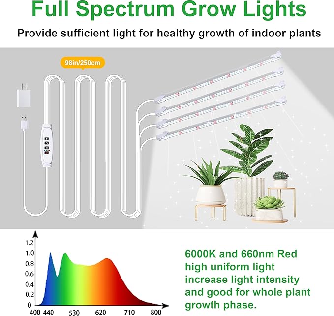 RWNTAO Grow Lights for Indoor Plants, 13" Grow Light Strips with Timer 3/9/12 H, 10 Dimmable Levels, 192 LEDs Full Spectrum Sunlight，Plant Growing Lamp for Indoor Greenhouse Seedlings, 4 Head